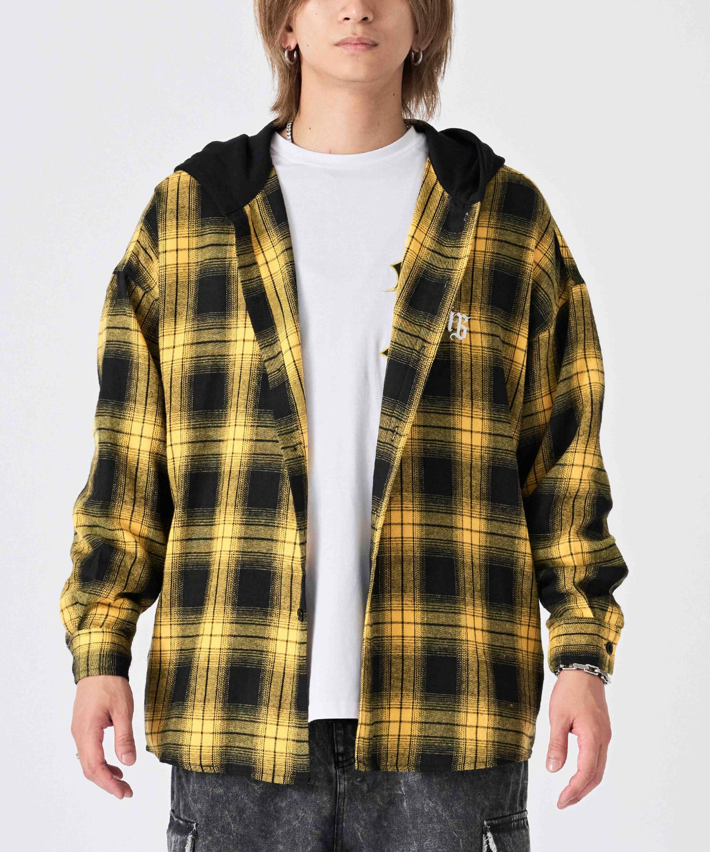 フード付き チェックシャツ
