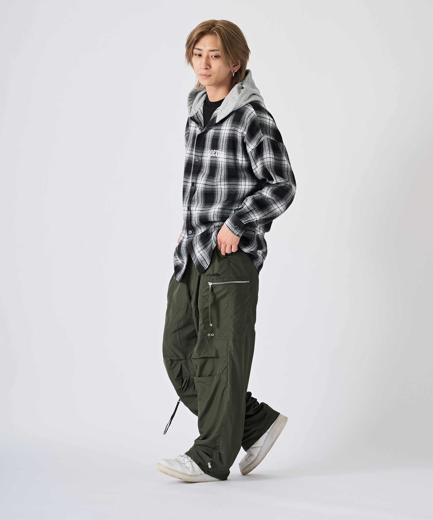 フード付き チェックシャツ