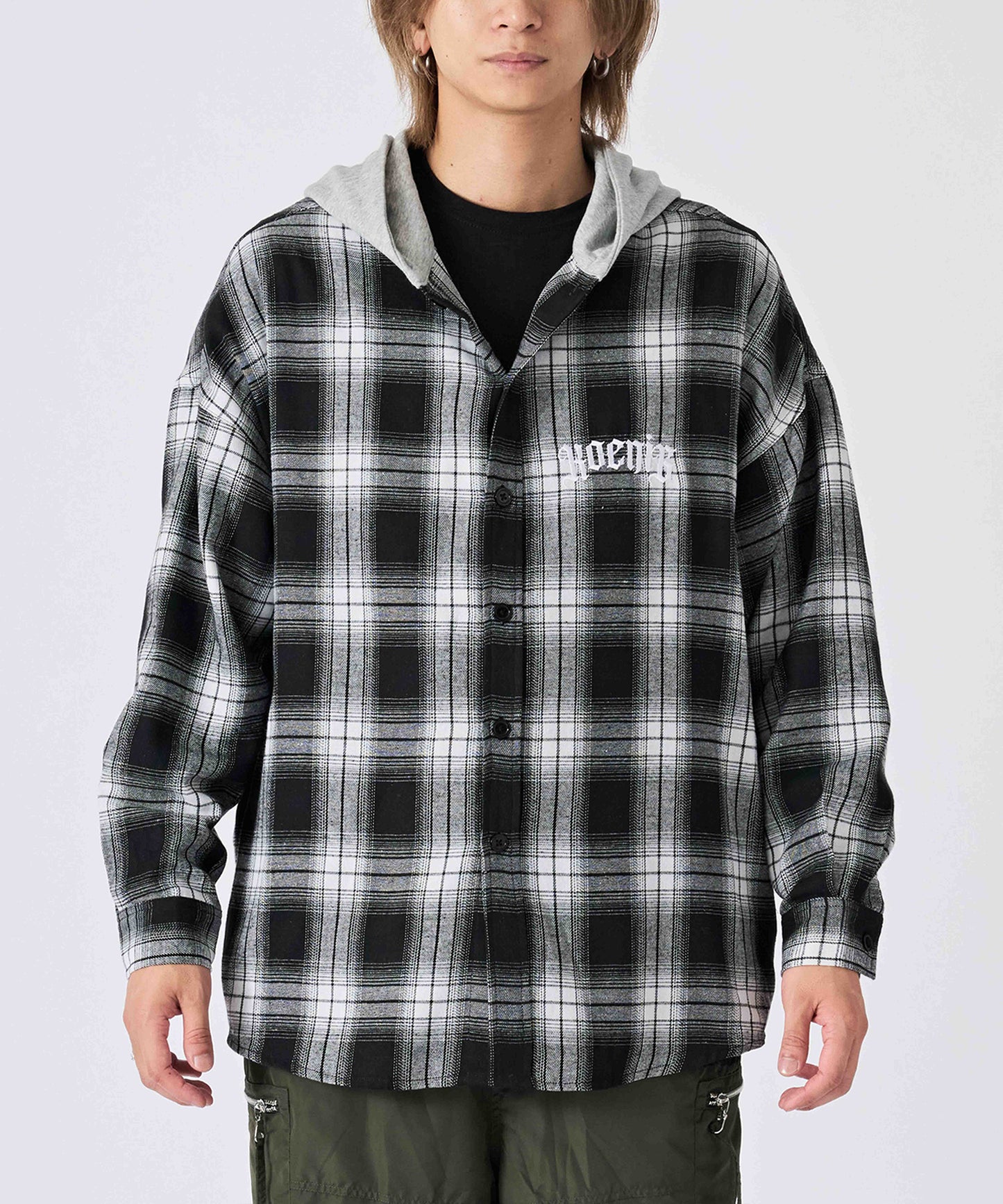 フード付き チェックシャツ