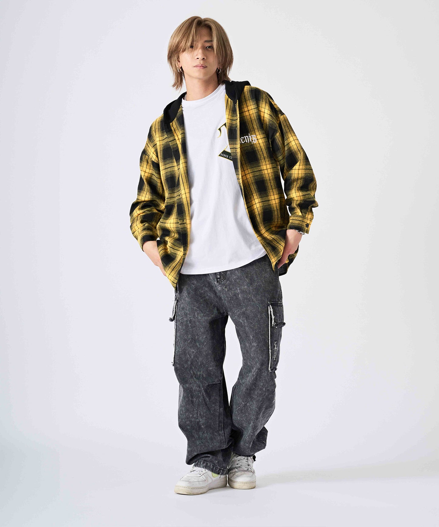 フード付き チェックシャツ