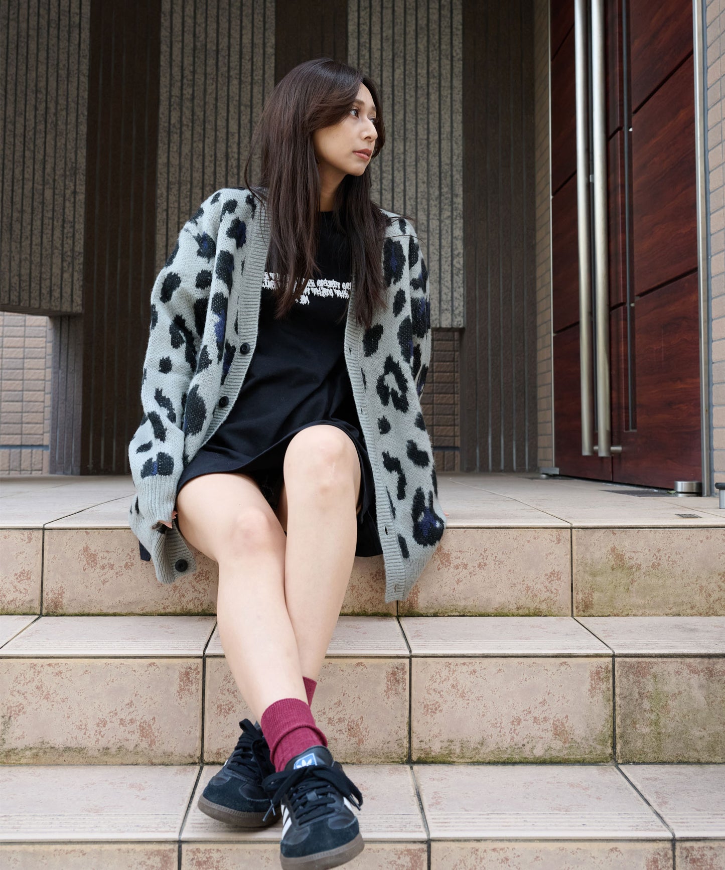 モヘアタッチ総柄カーディガン