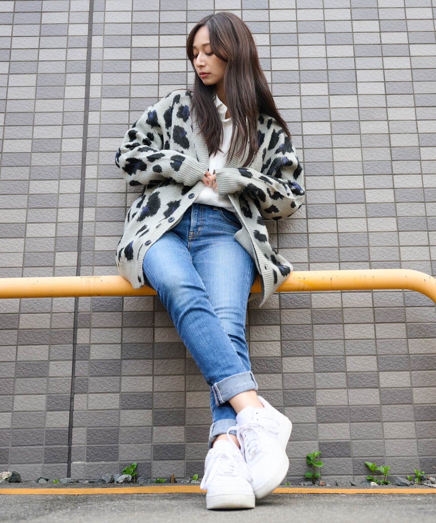 モヘアタッチ総柄カーディガン