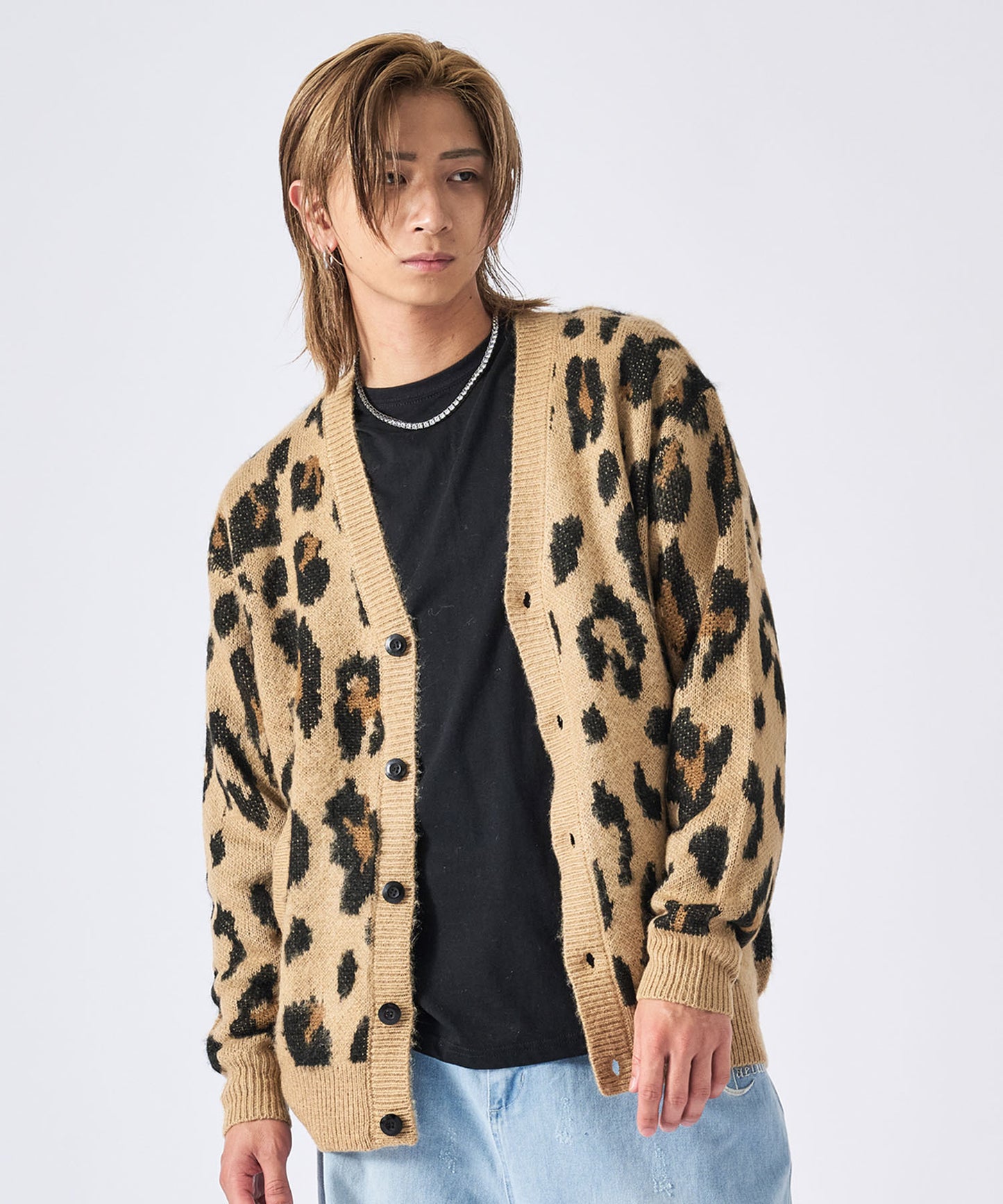 モヘアタッチ総柄カーディガン