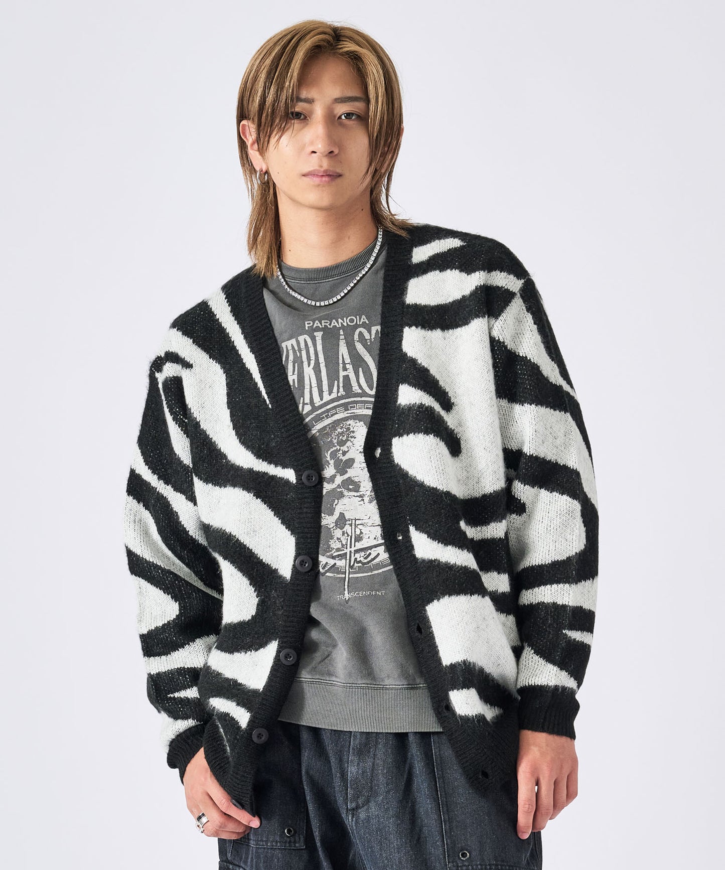 モヘアタッチ総柄カーディガン