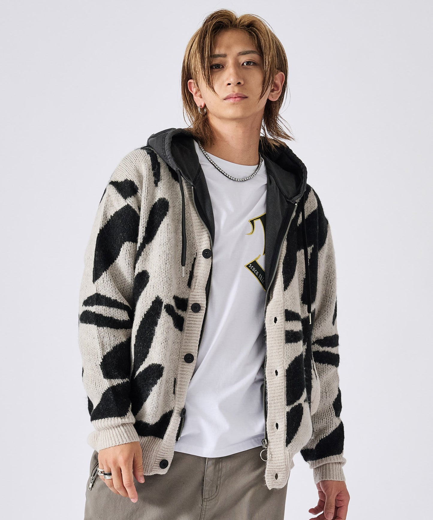 モヘアタッチ総柄カーディガン