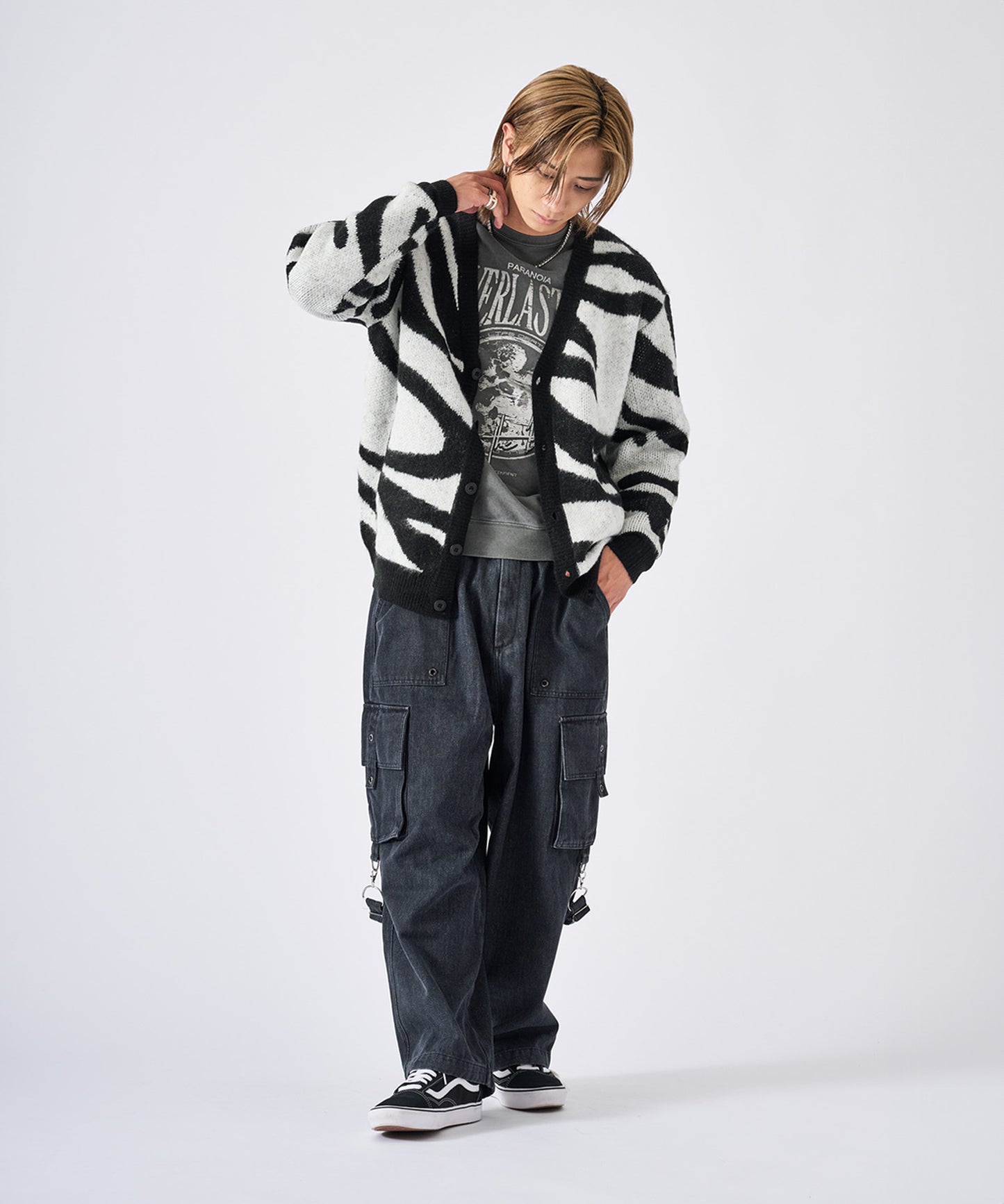 モヘアタッチ総柄カーディガン