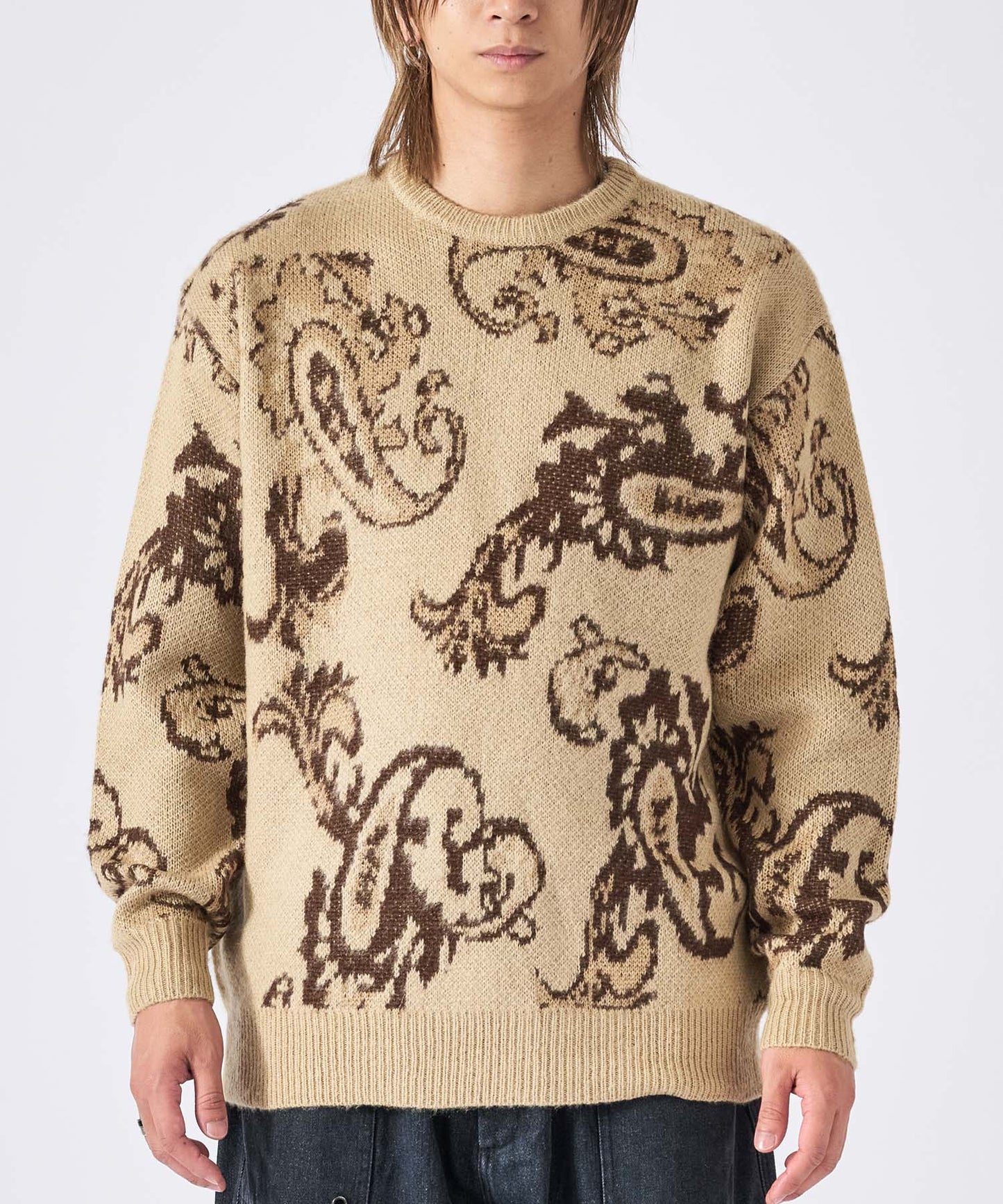 モヘアタッチ総柄クルーネックニット