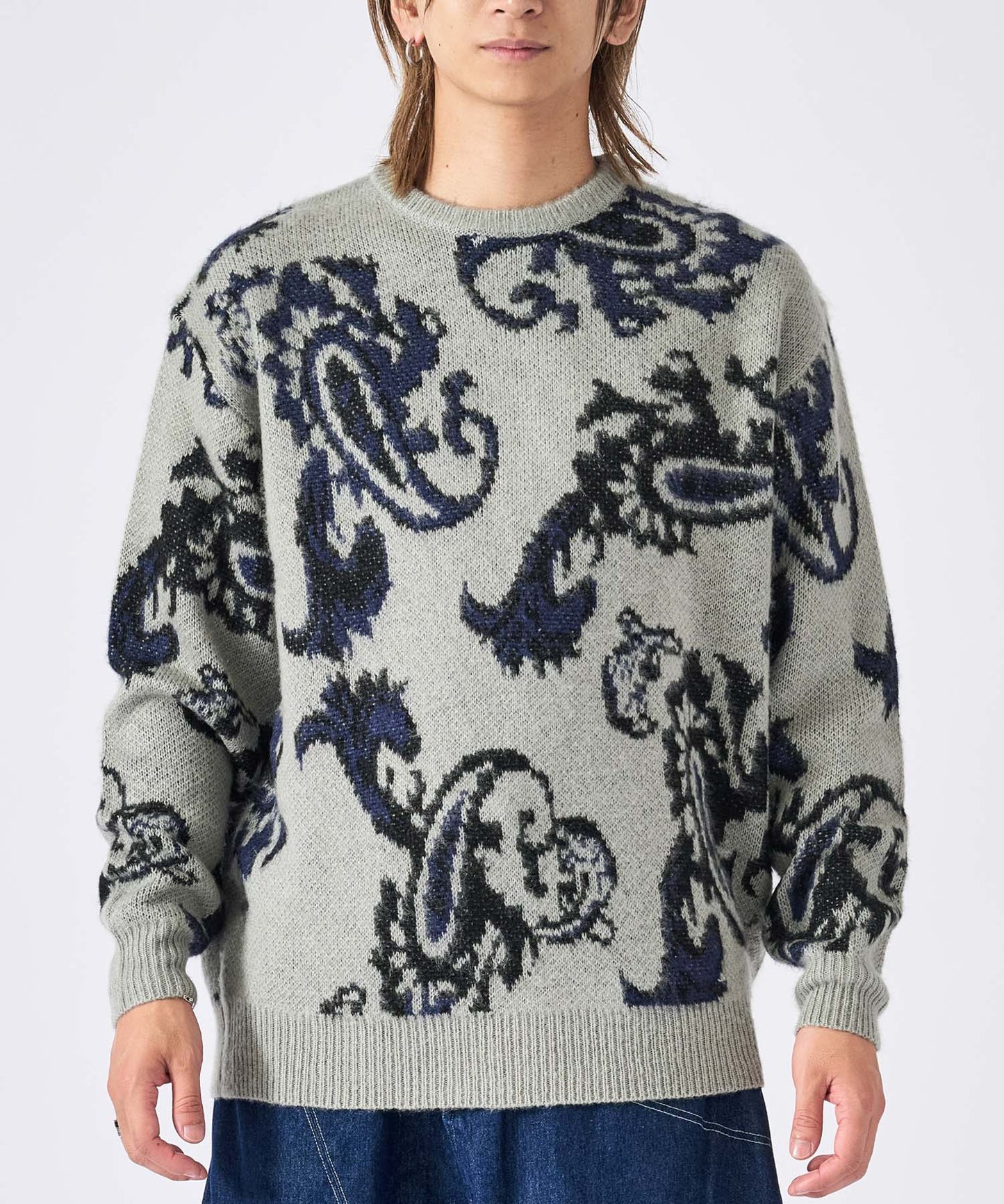 モヘアタッチ総柄クルーネックニット