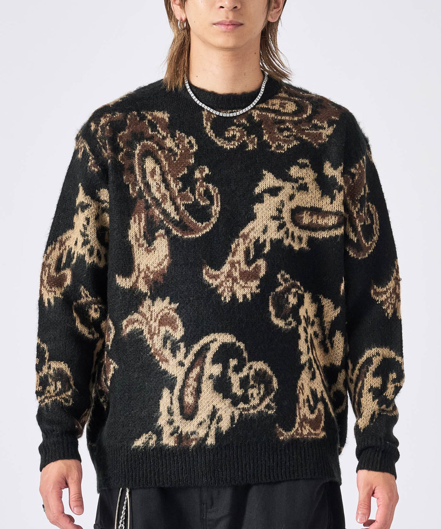 モヘアタッチ総柄クルーネックニット