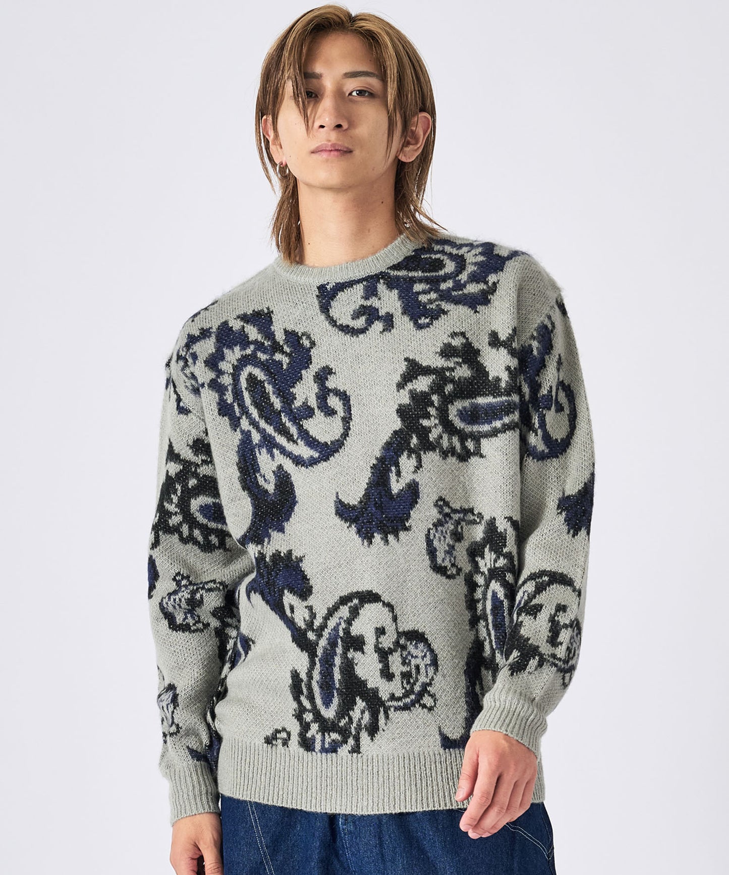 モヘアタッチ総柄クルーネックニット