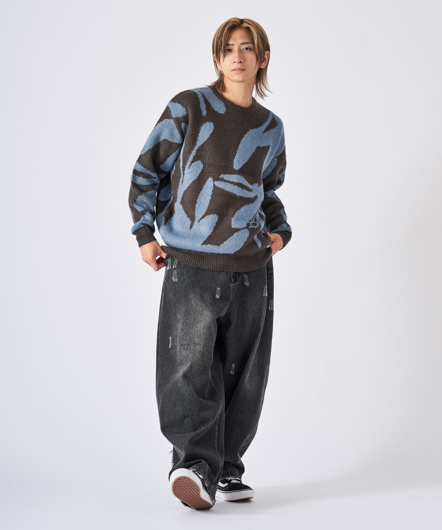 モヘアタッチ総柄クルーネックニット