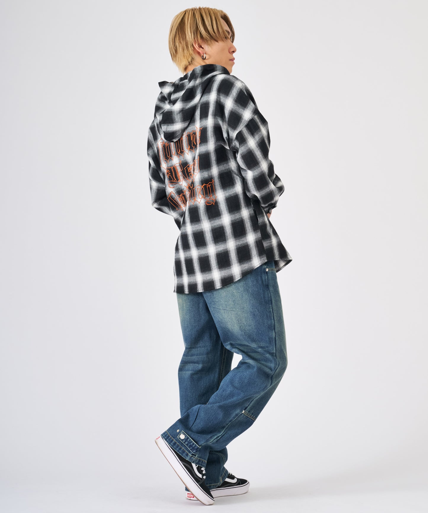 オンブレチェック フードシャツ