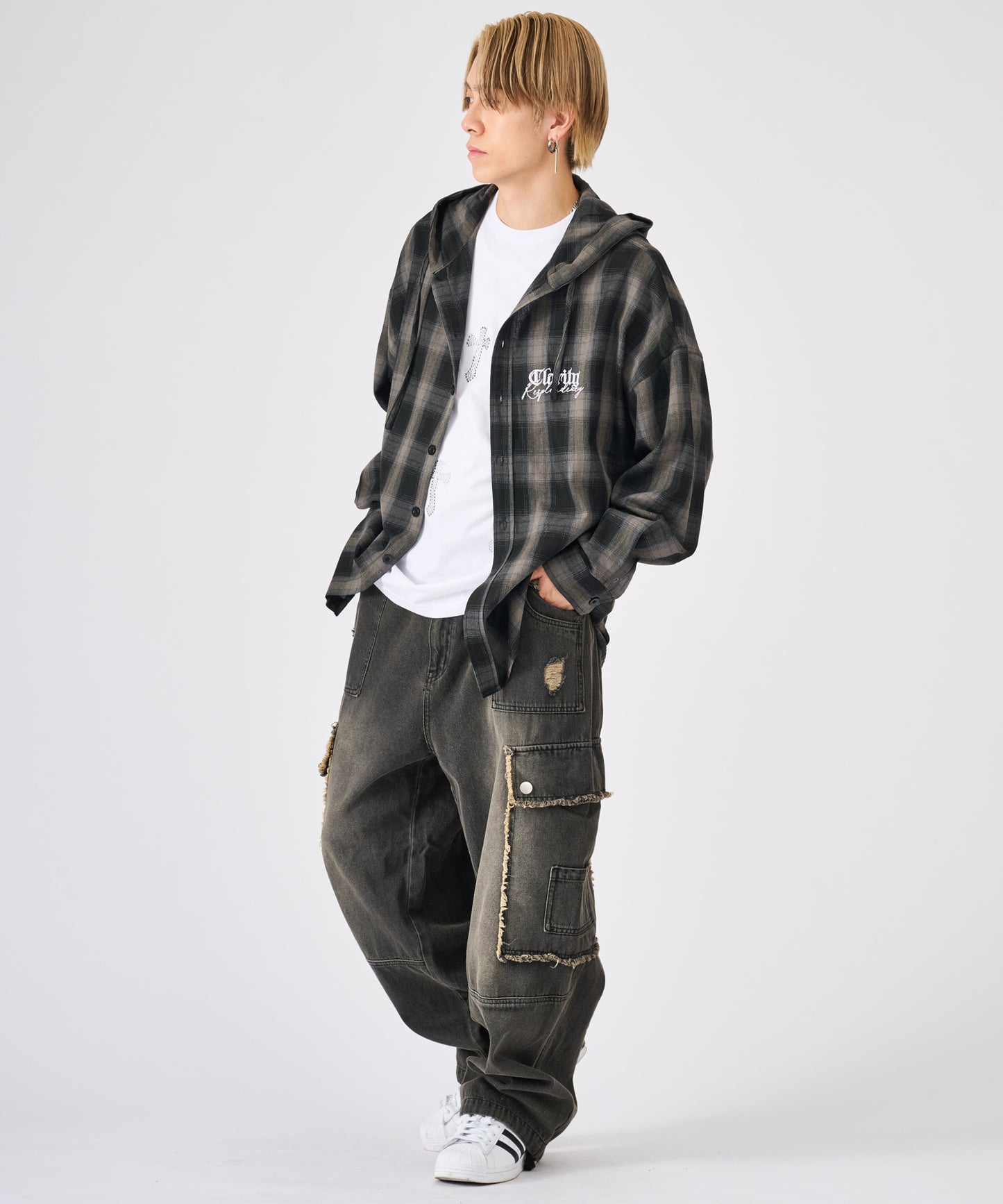 オンブレチェック フードシャツ