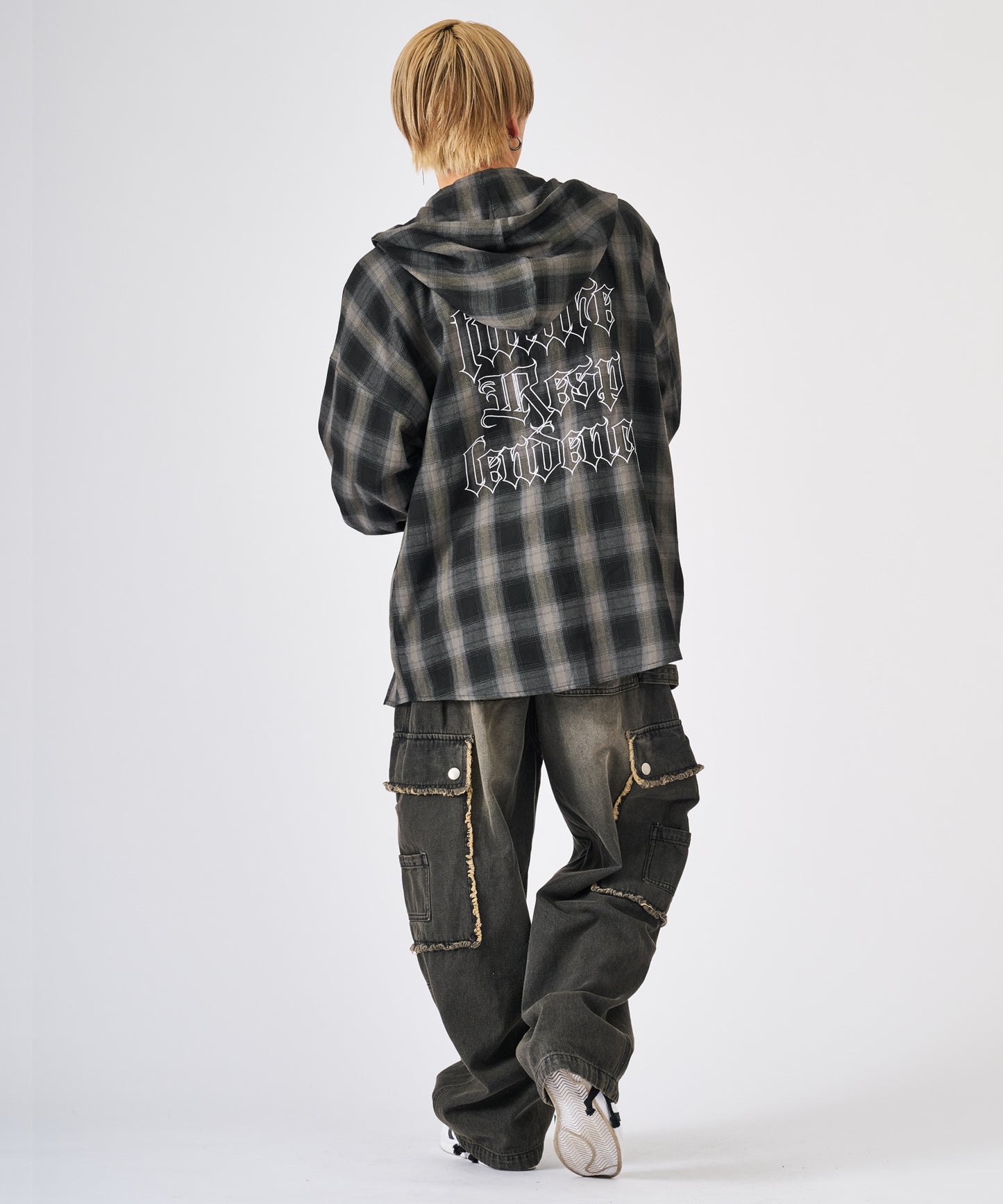 オンブレチェック フードシャツ