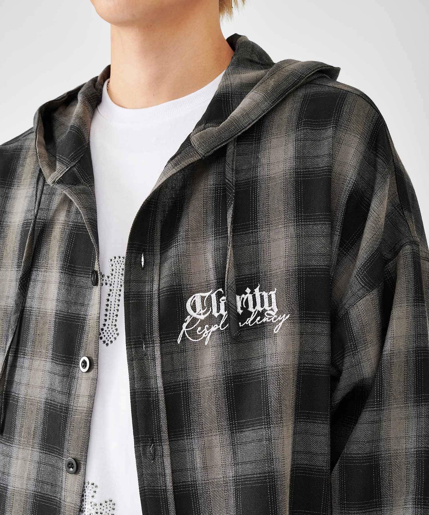 オンブレチェック フードシャツ