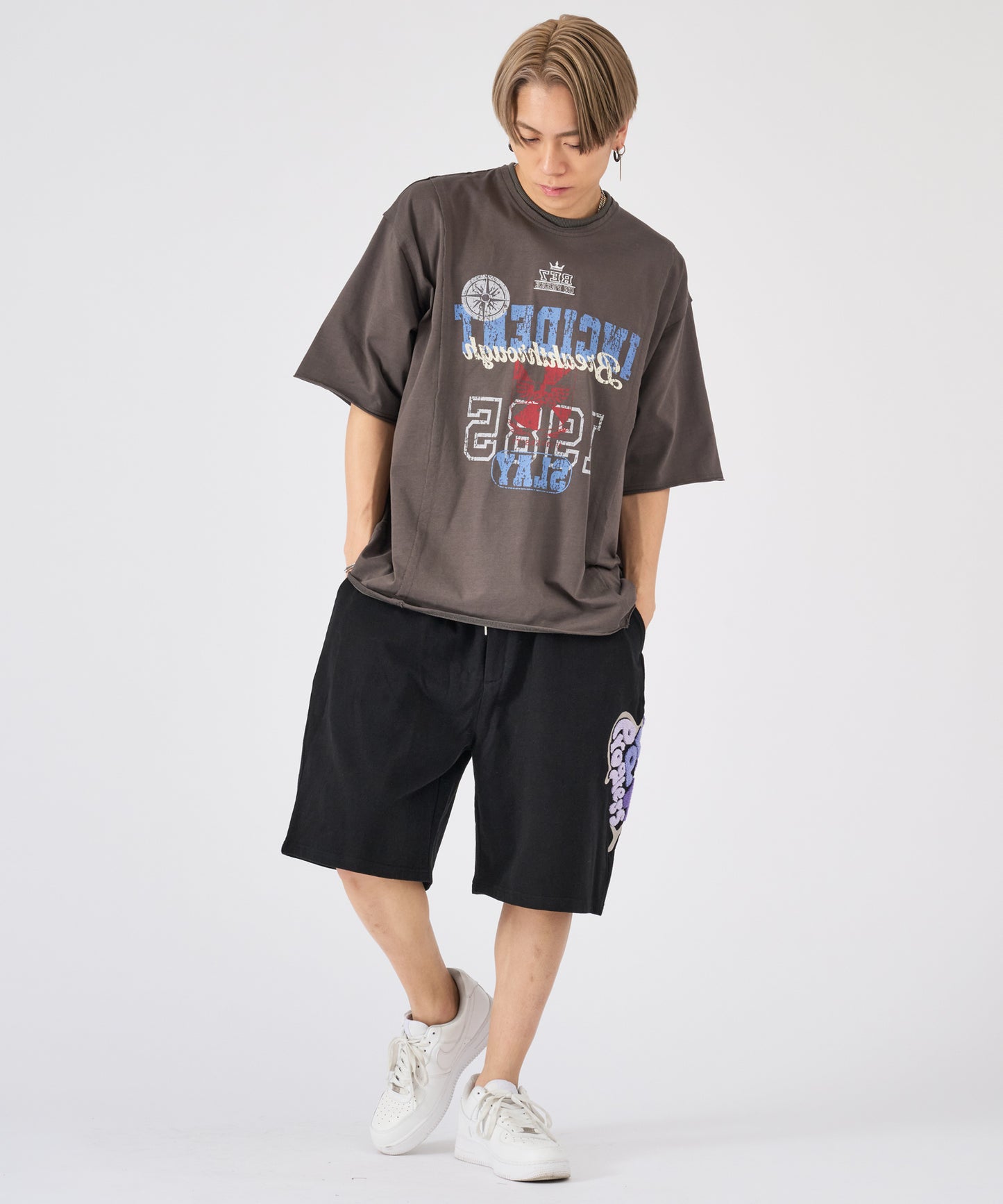 カットオフ切り替えロゴプリント半袖Tee