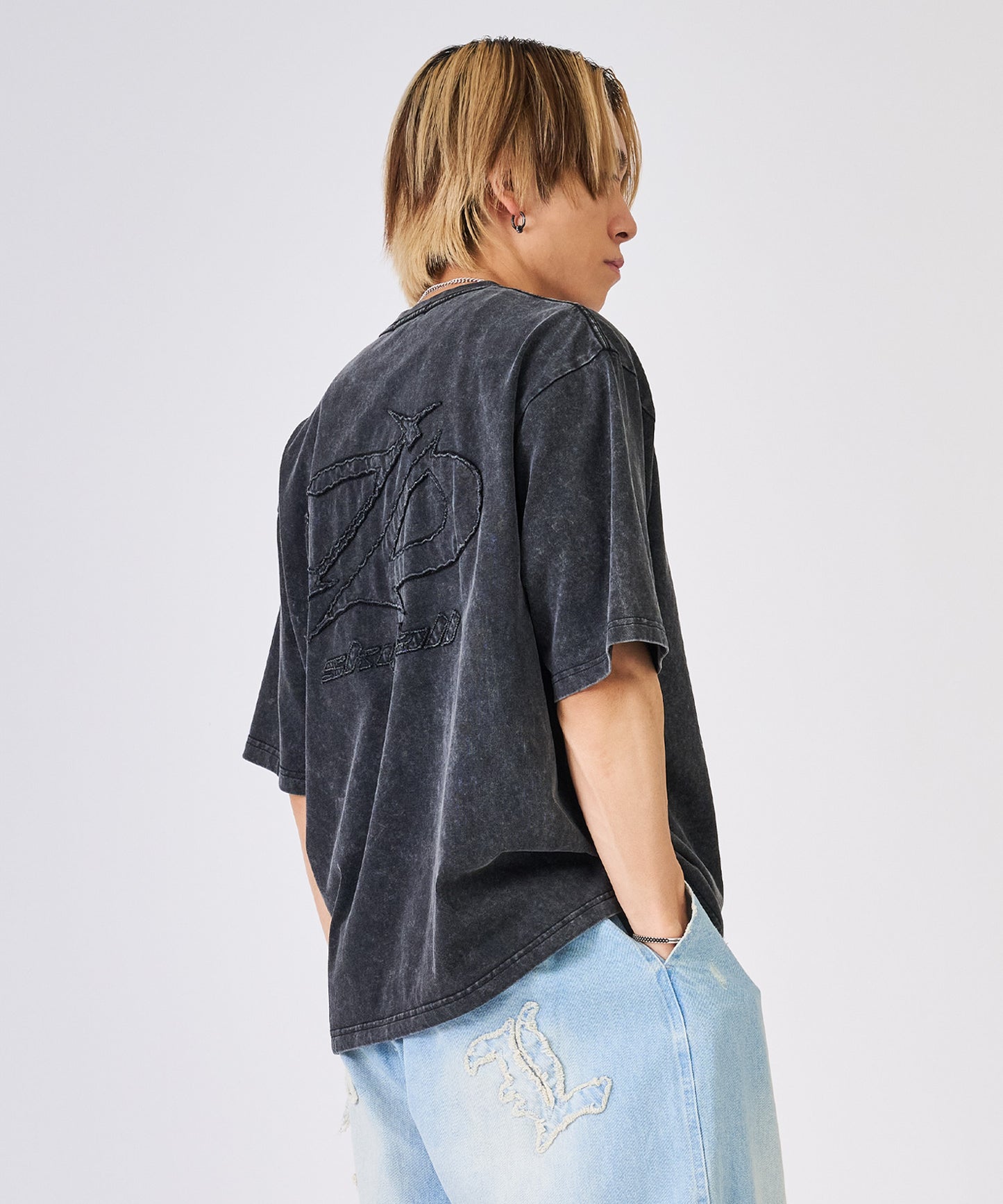 カットオフアップリケ半袖Tee