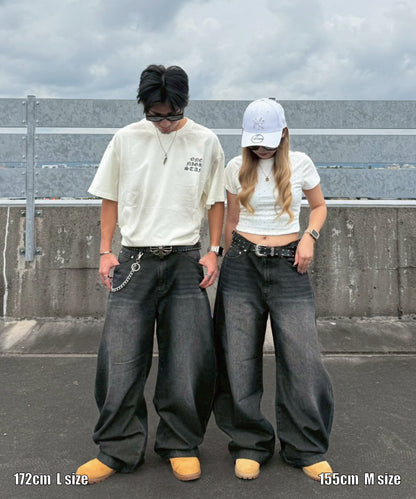 エンボスアーチロゴデニムバレルバギーパンツ