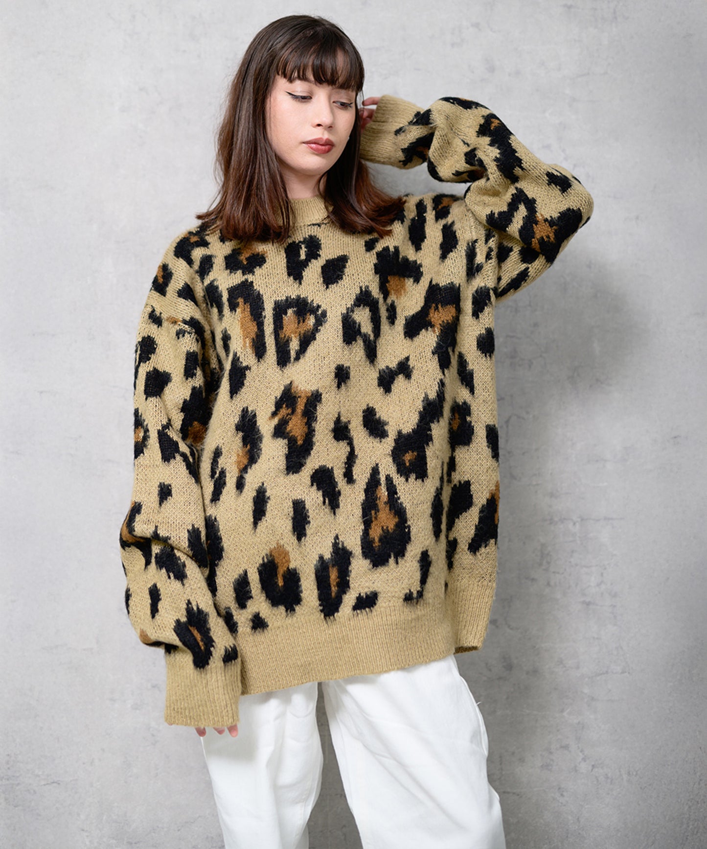 モヘアタッチ総柄クルーニット