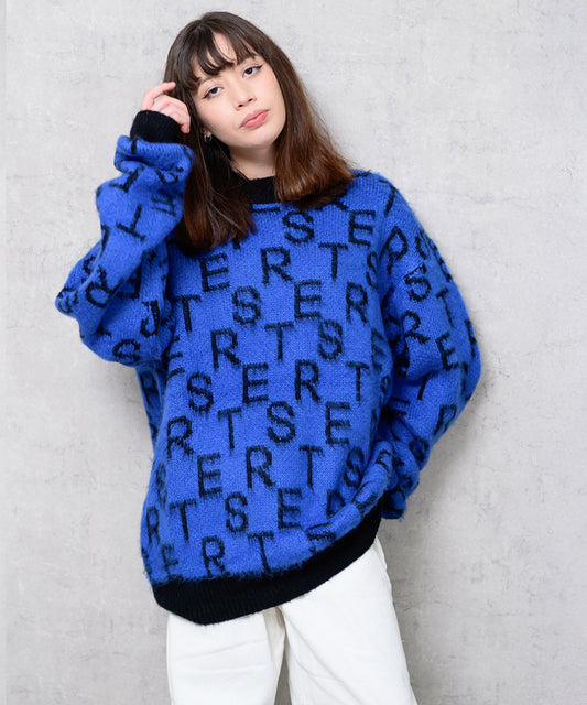 モヘアタッチ総柄クルーニット
