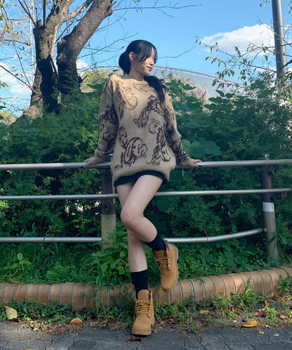 モヘアタッチ総柄クルーネックニット