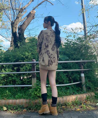 モヘアタッチ総柄クルーネックニット