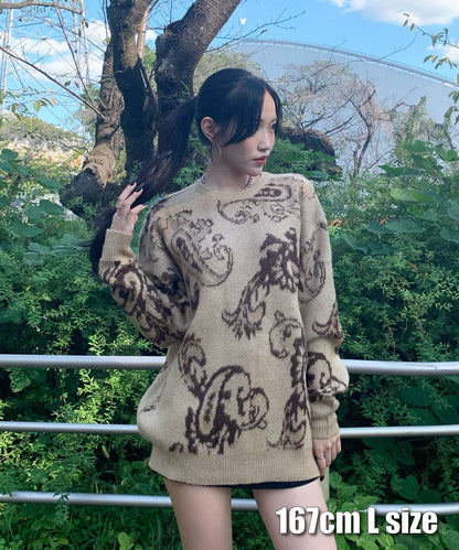 モヘアタッチ総柄クルーネックニット