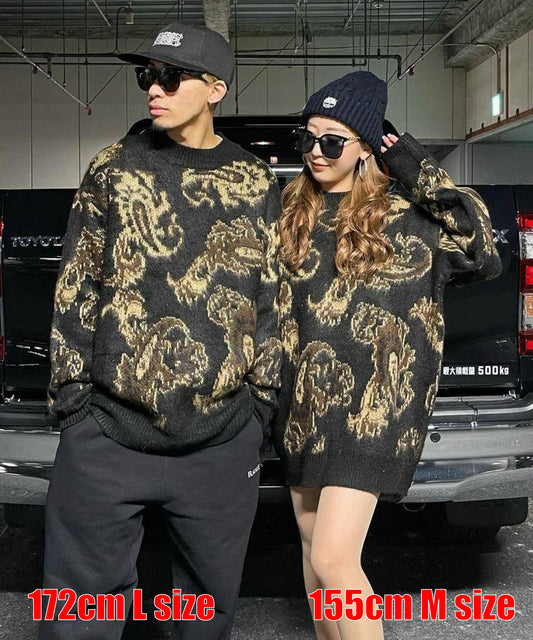 モヘアタッチ総柄クルーネックニット