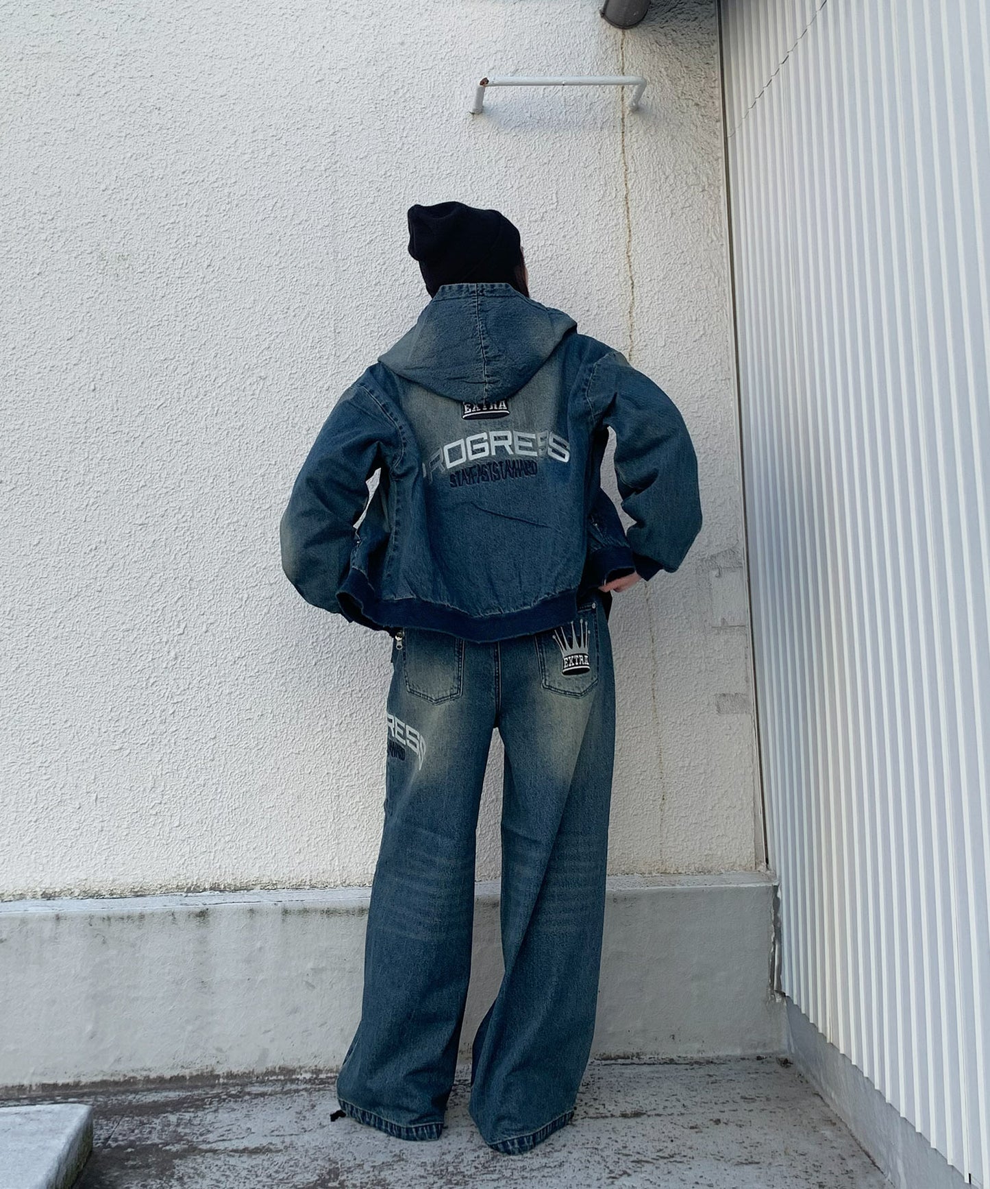 クラウン刺繍デニムセットアップ