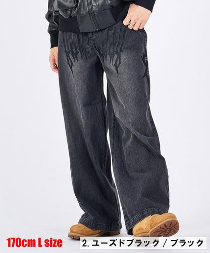 トライバル刺繍デニムバギーパンツ