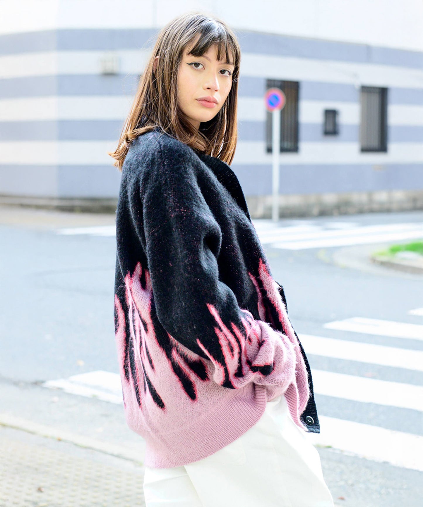 モヘアタッチ総柄カーディガン