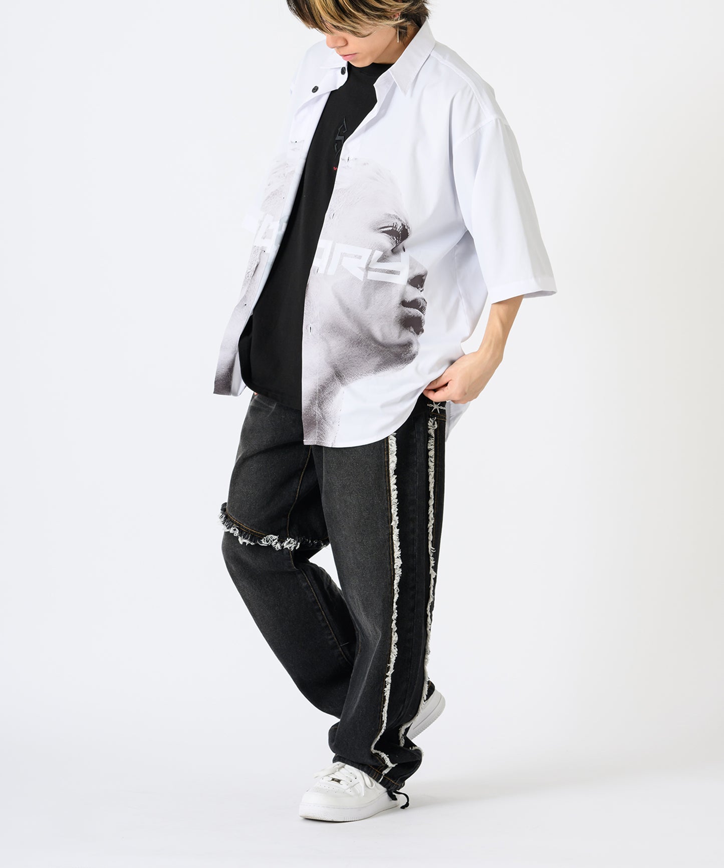 フリンジ切り替えワイドパンツ