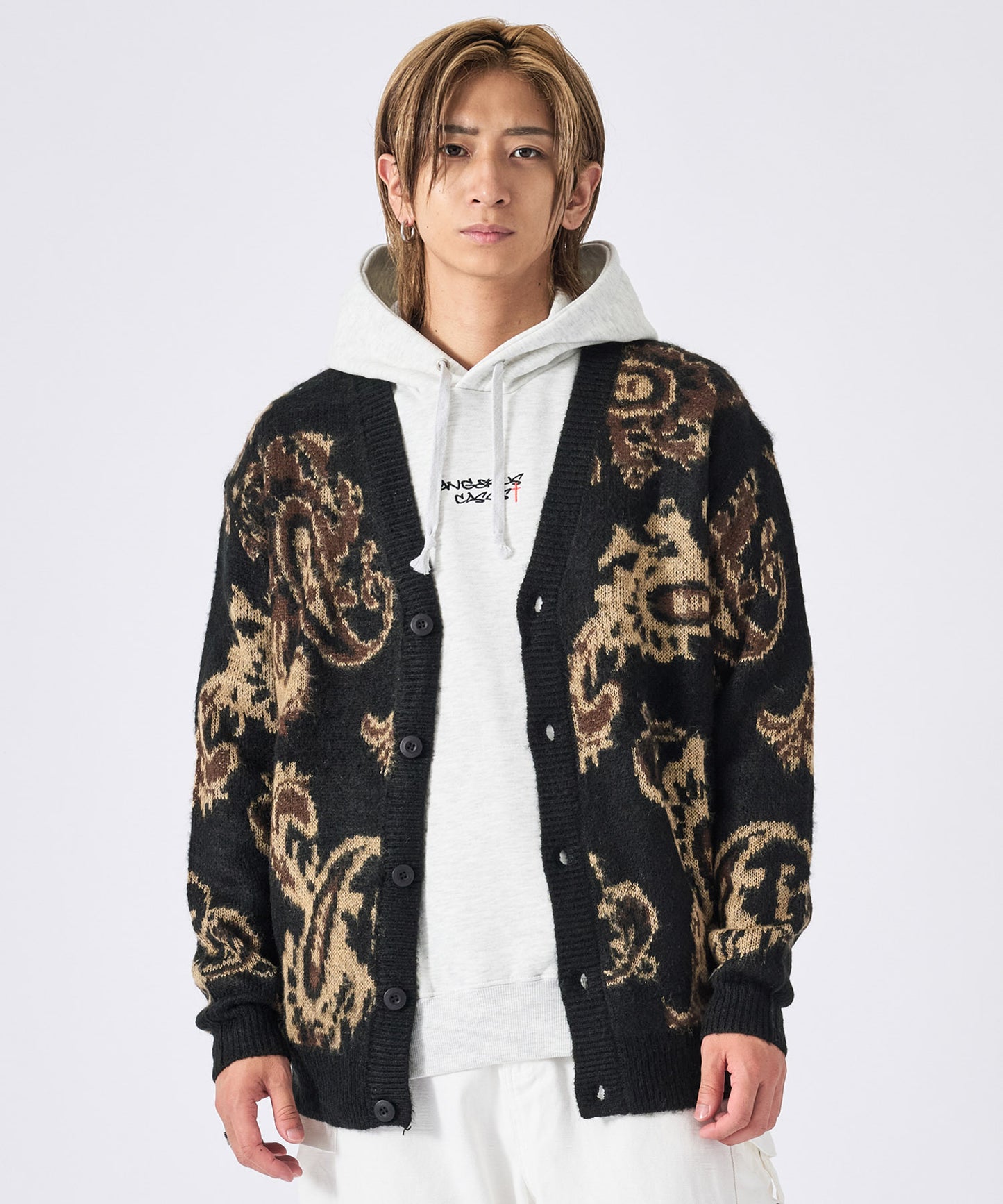 モヘアタッチ総柄カーディガン