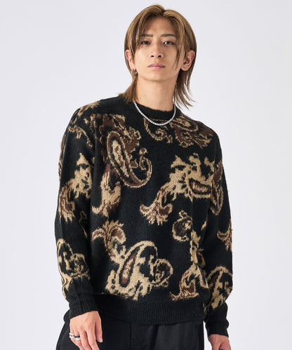 モヘアタッチ総柄クルーネックニット