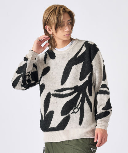 モヘアタッチ総柄クルーネックニット