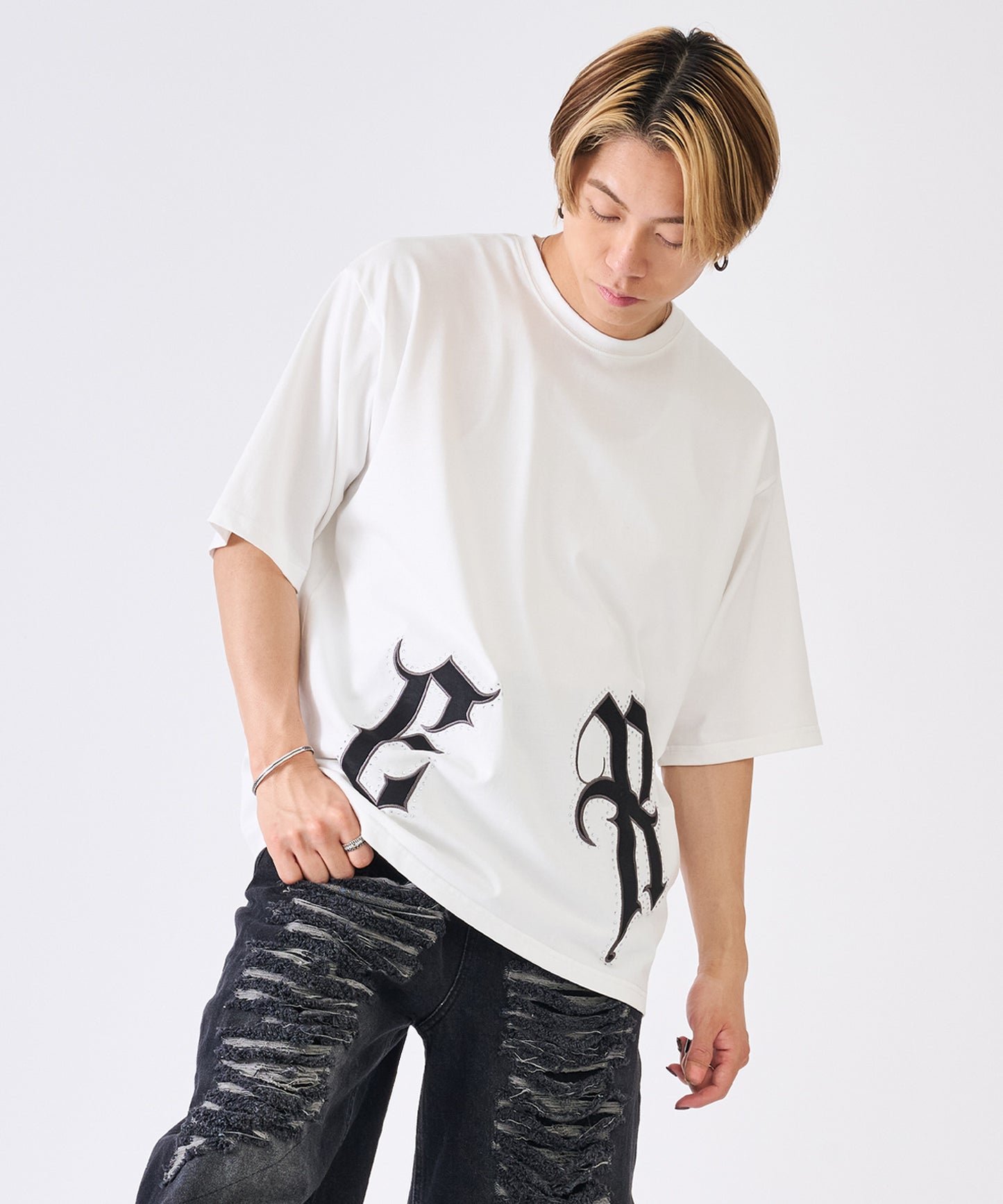 アップリケラインストーン半袖Tee