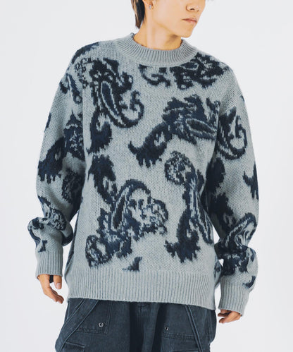 モヘアタッチ総柄クルーニット
