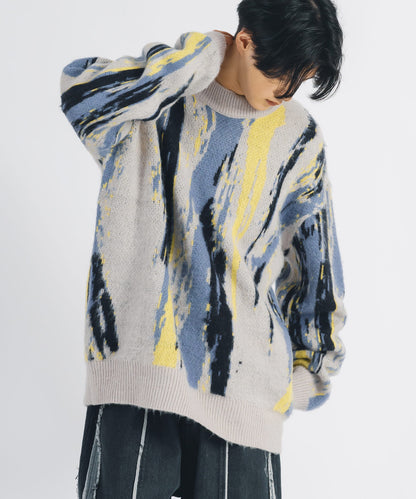 モヘアタッチ総柄クルーニット