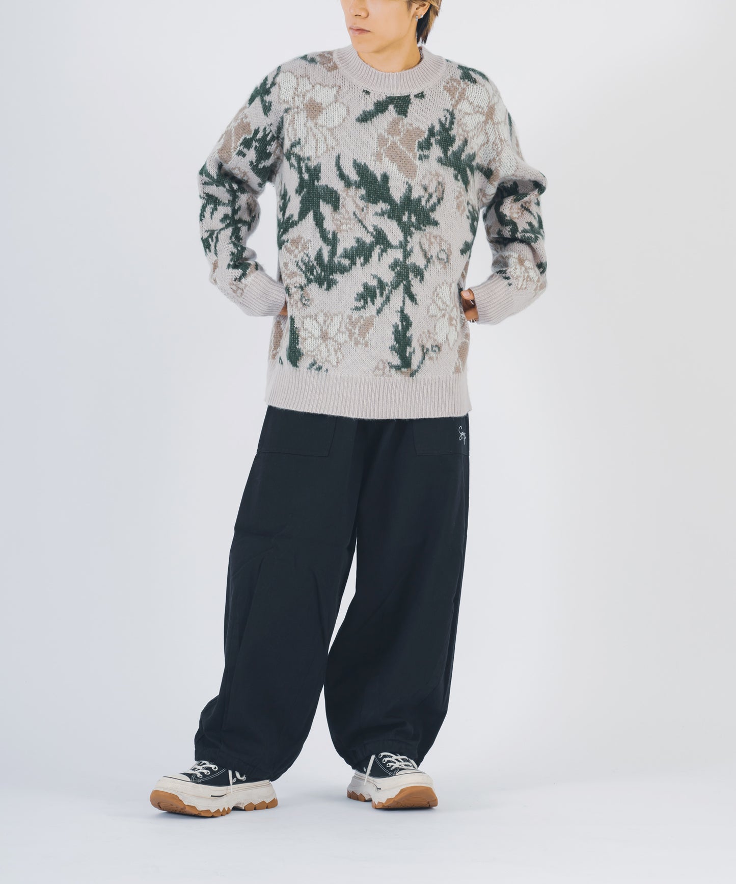 モヘアタッチ総柄クルーニット