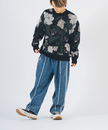 モヘアタッチ総柄クルーニット