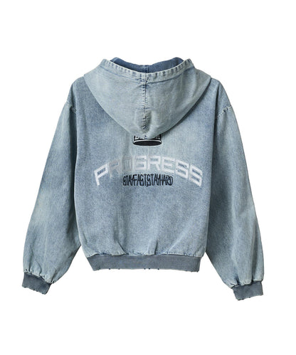 クラウン刺繡デニムZIPパーカー