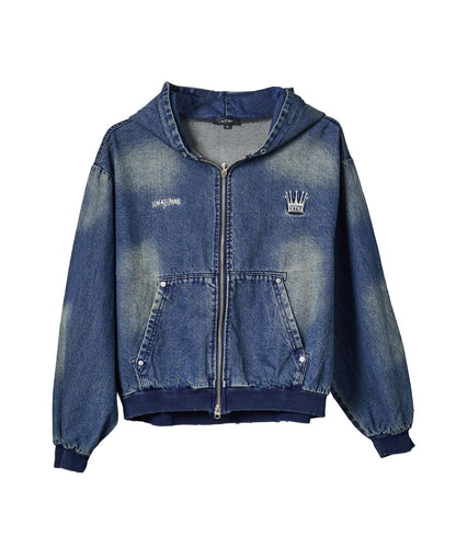 クラウン刺繡デニムZIPパーカー