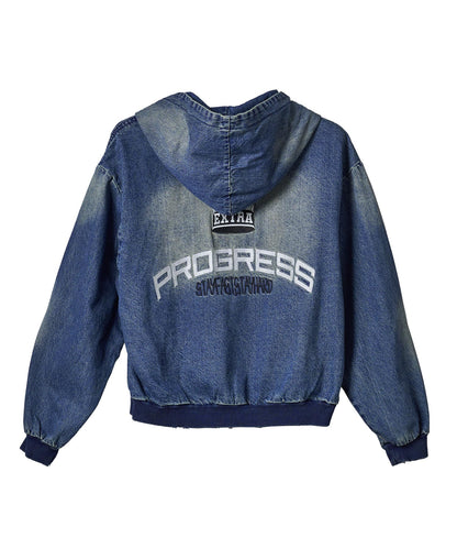 クラウン刺繡デニムZIPパーカー