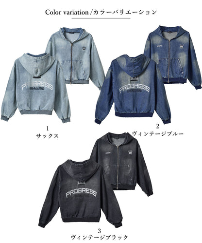 クラウン刺繡デニムZIPパーカー