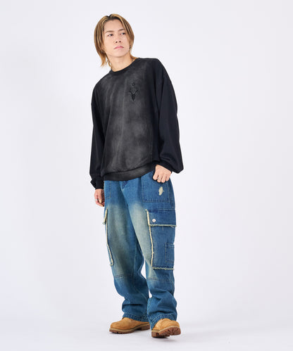 スカルアートアップリケカットオフトレーナー