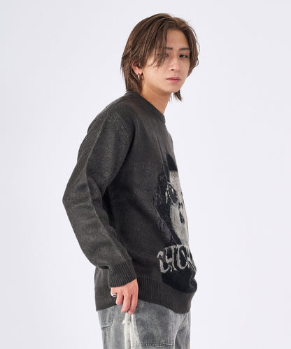 フェイスデザインクルーネックニット