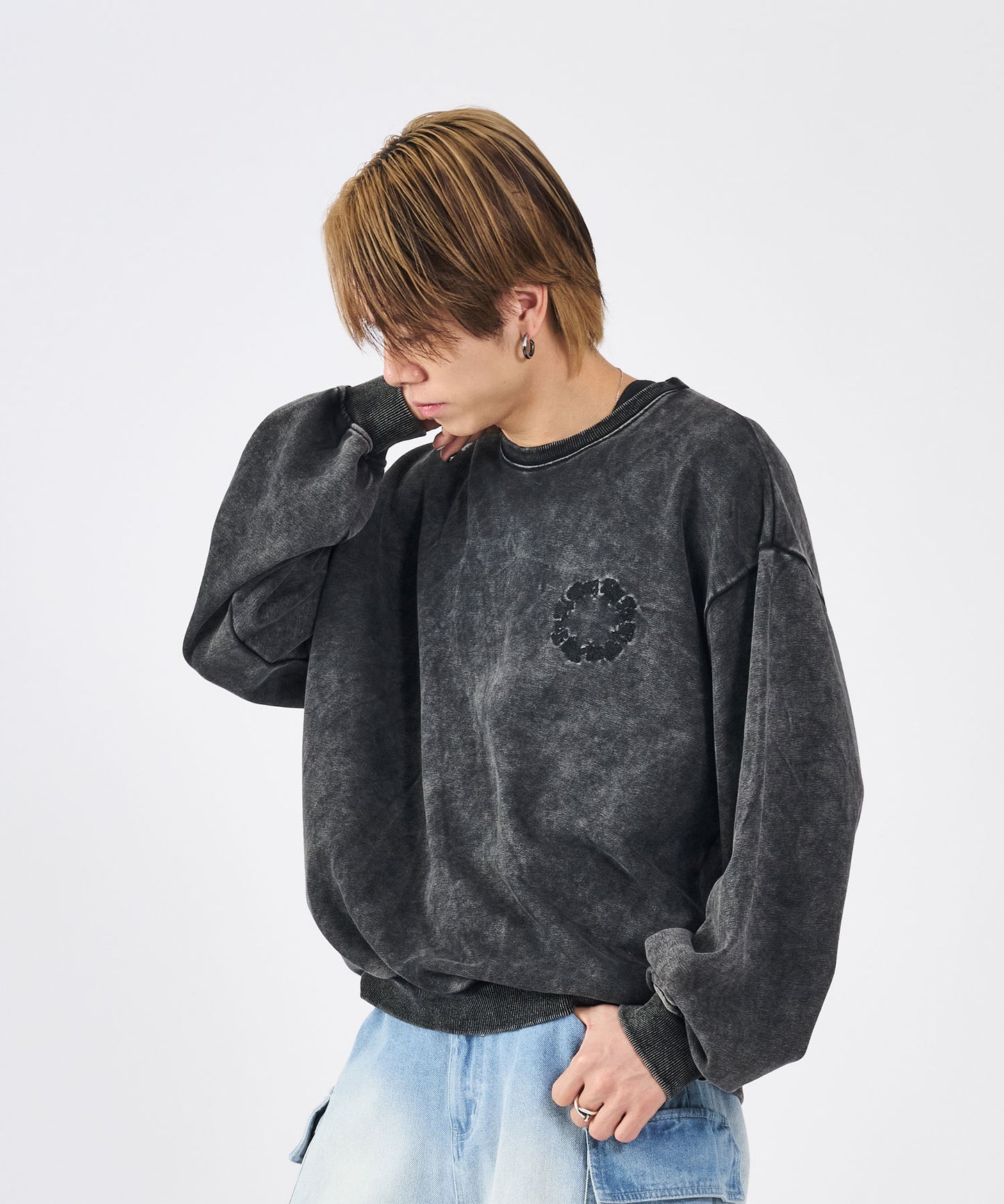 硫化染め　バックコラージュトレーナー