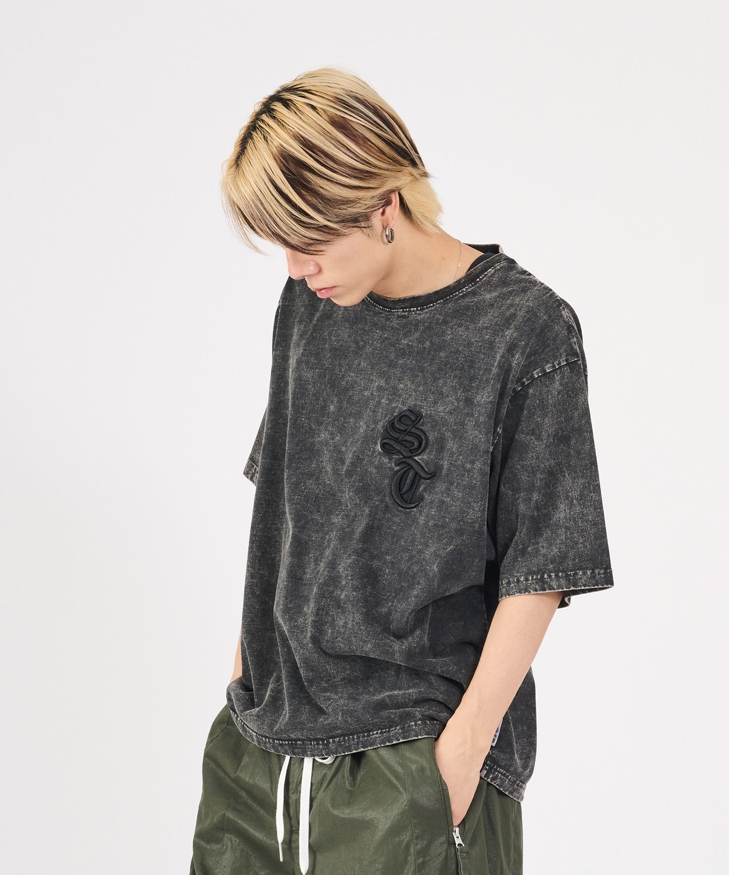 硫化天竺　ロゴアップリケ刺繍半袖Tシャツ